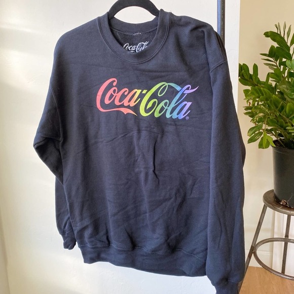 COCA-COLA Unisex Black Multi Logo Crew Neck Fleece Lined Graphic Sweatshirt sz S - Picture 1 of 8